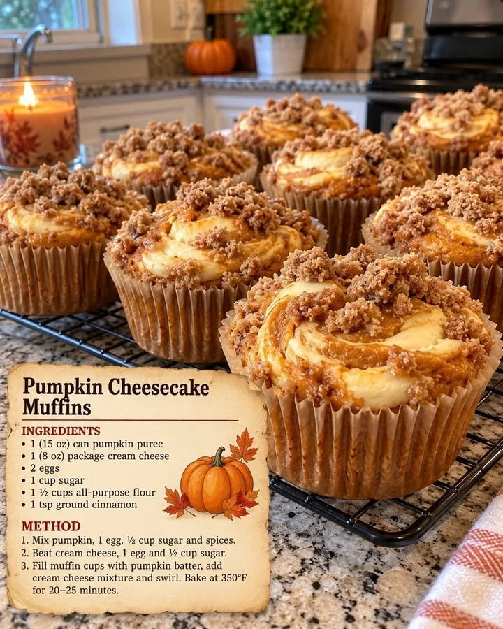 Delicious Pumpkin Cheesecake Muffins with cream cheese frosting.