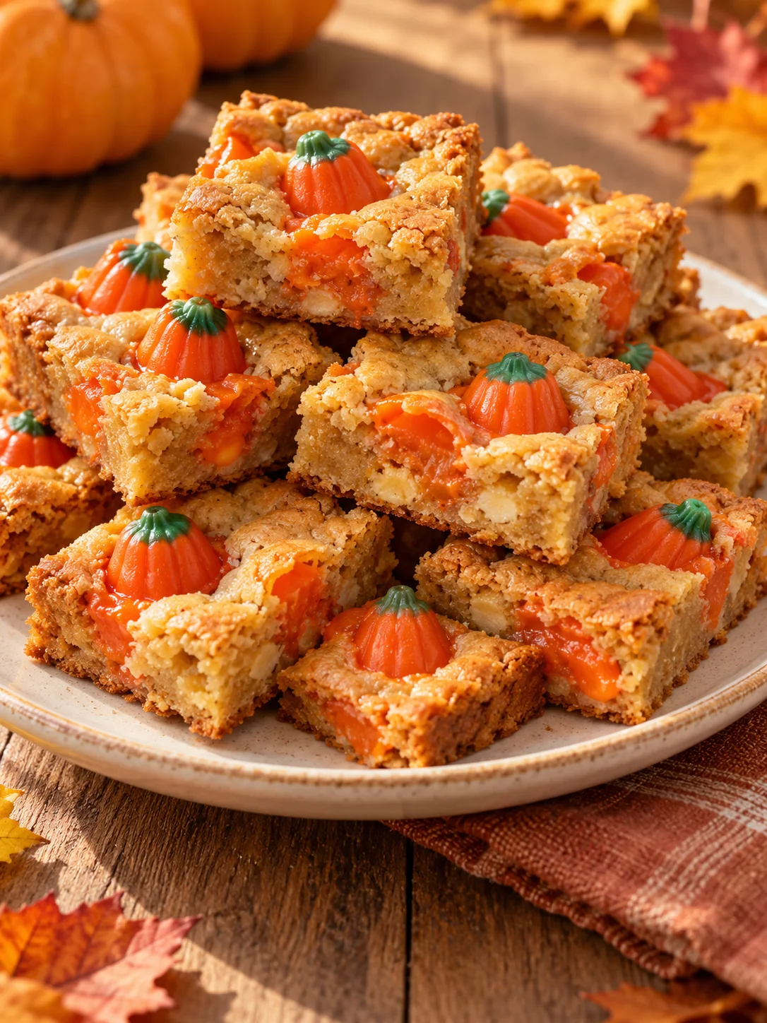 Golden pumpkin mellowcreme blondie bars stacked on a plate