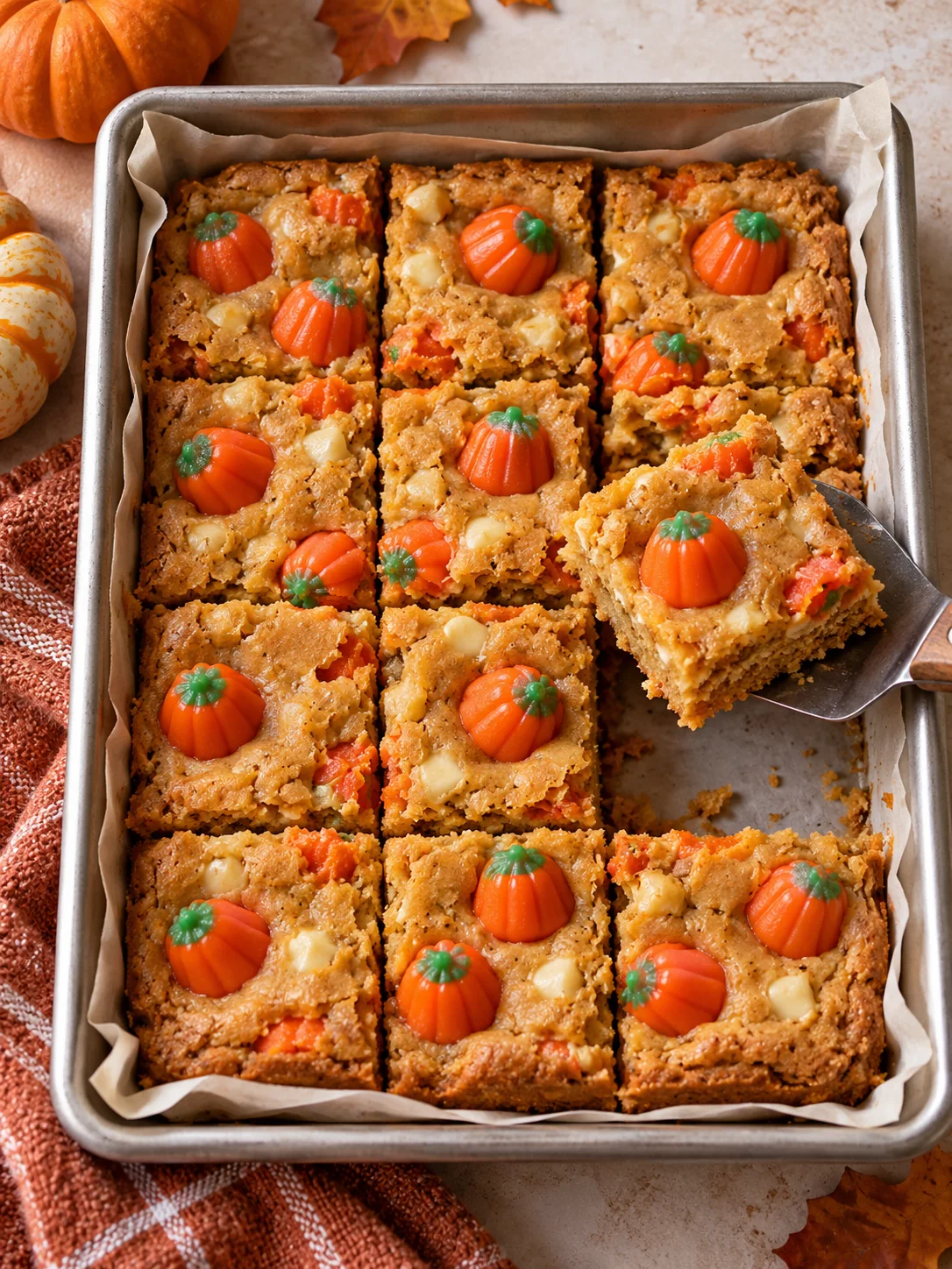 Baked pumpkin mellowcreme blondie bars in a parchment-lined metal pan