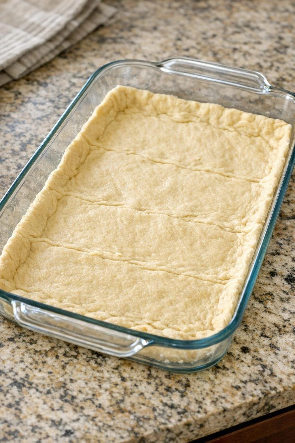 Crescent dough pressed into the bottom of a glass dish