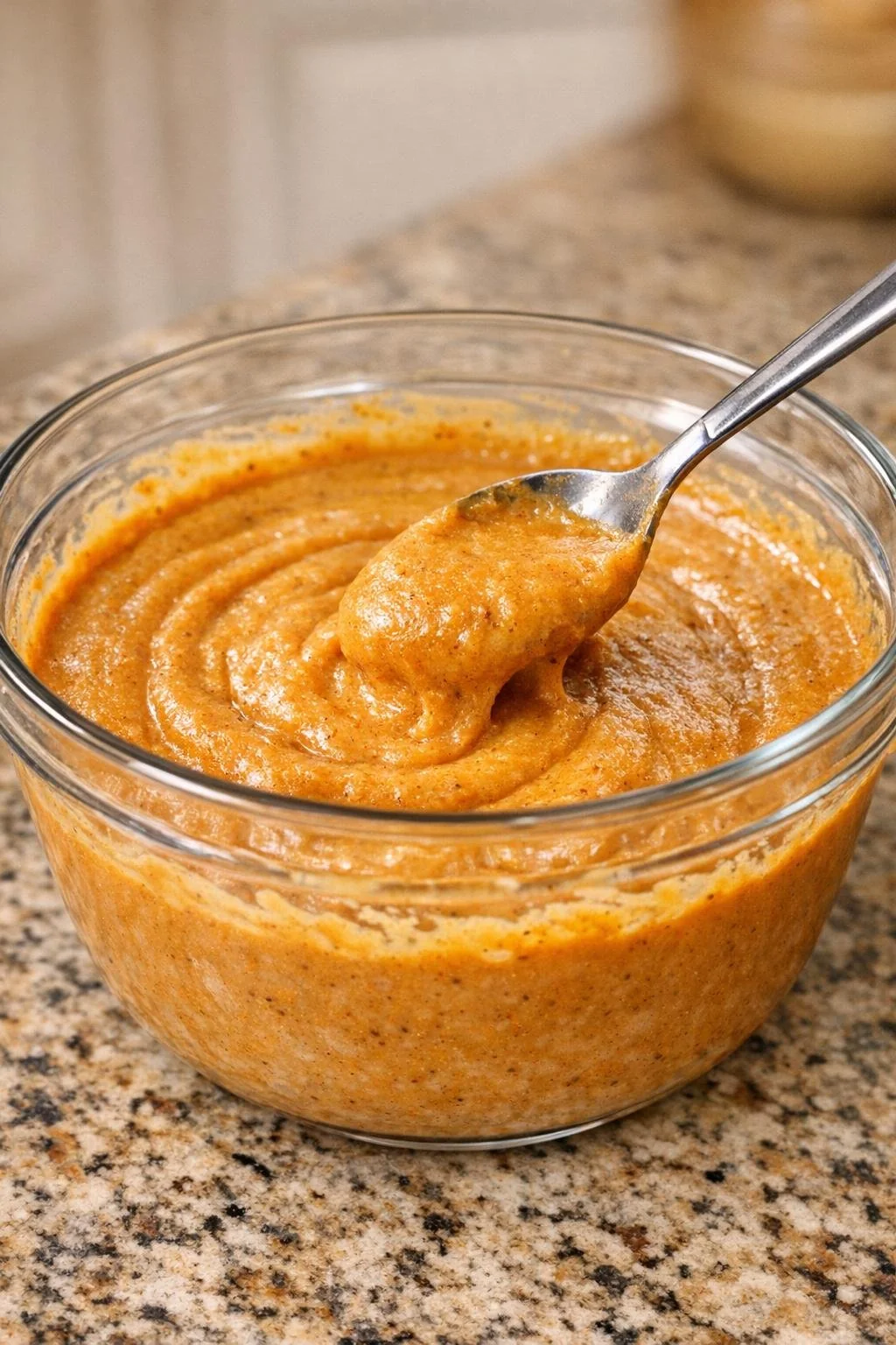 Pumpkin filling being stirred in a mixing bowl