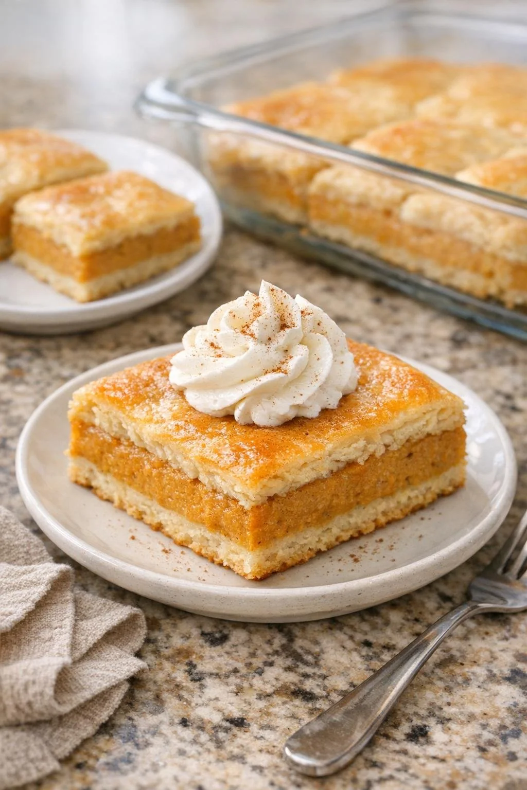 A pumpkin pie slab served with whipped cream