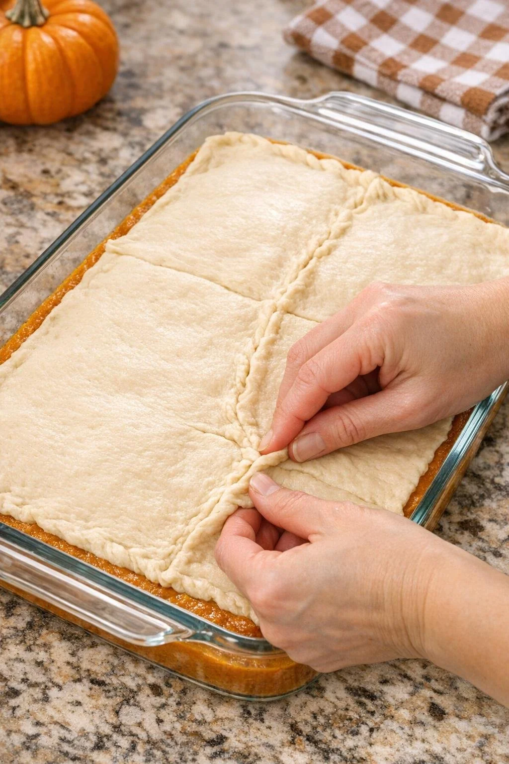 The second layer of crescent dough covering the pumpkin filling