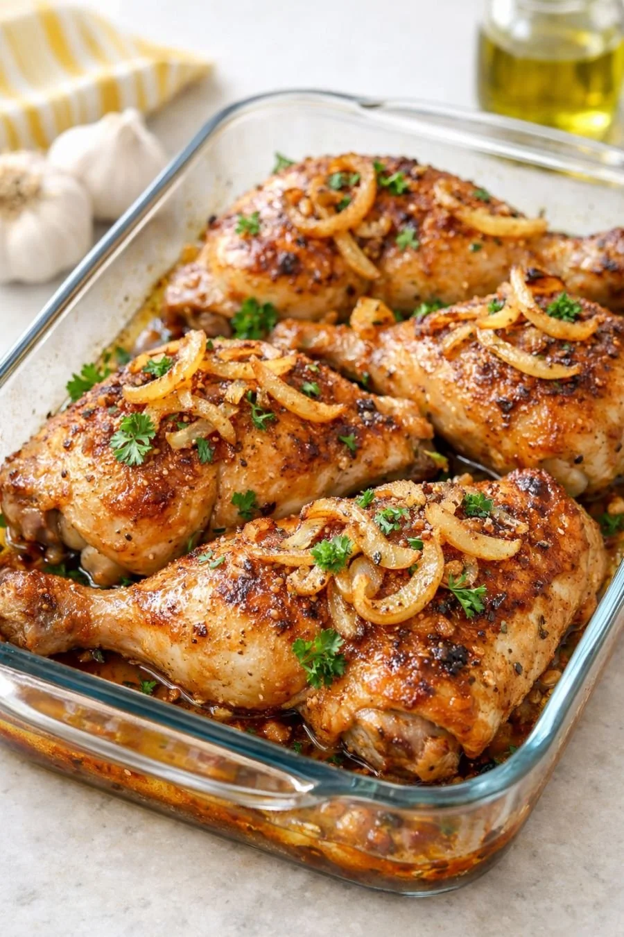 Raw chicken quarters in a glass dish ready for cooking with simple ingredients.