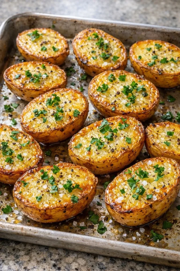 Delicious roasted potatoes in a roasting pan ready to serve.