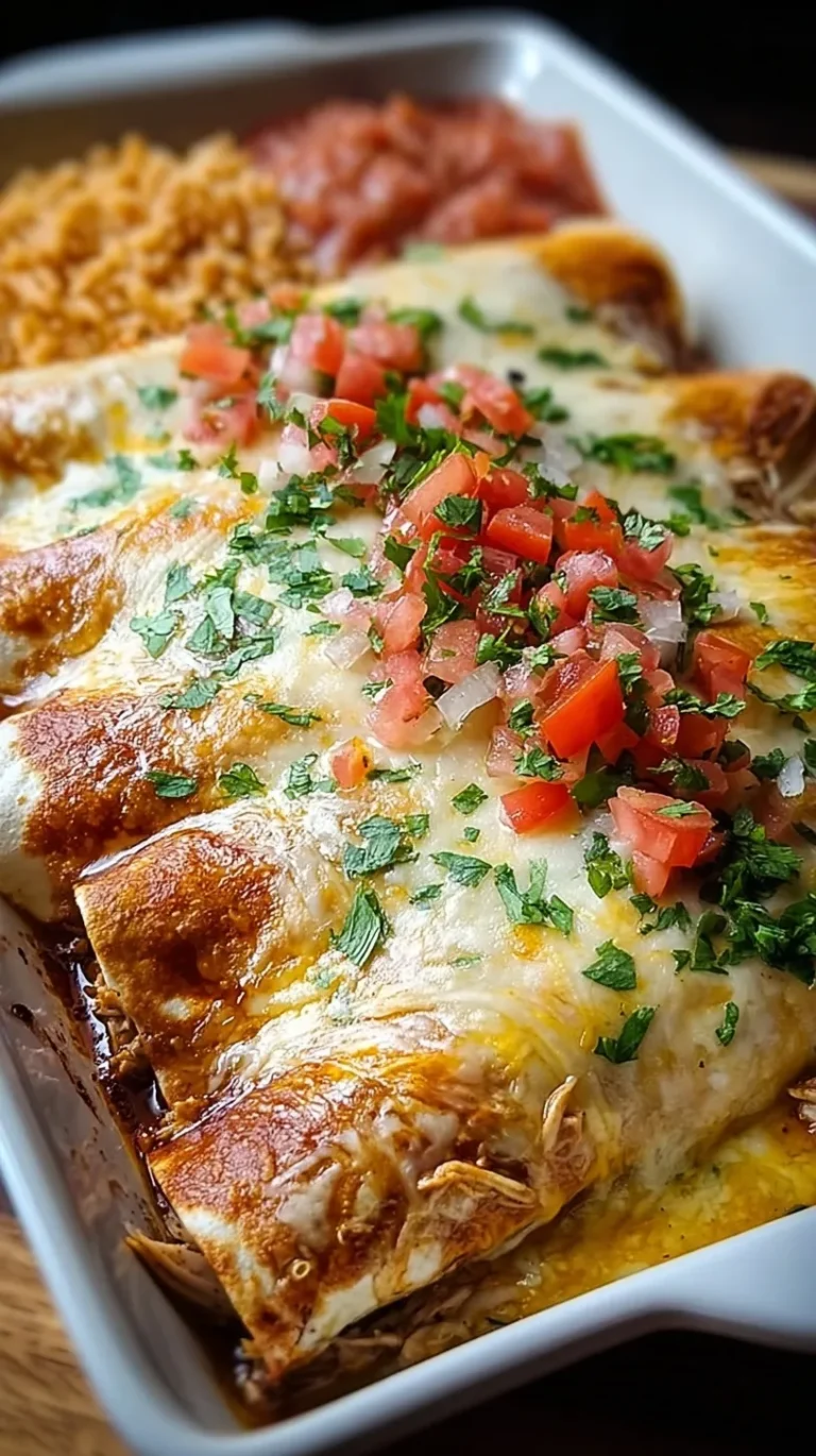 A baking dish filled with white queso chicken enchiladas topped with melted cheese and green chiles.