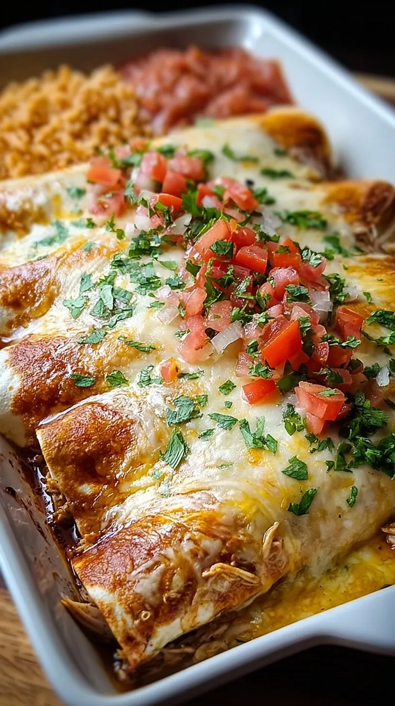 A baking dish filled with white queso chicken enchiladas topped with melted cheese and green chiles.