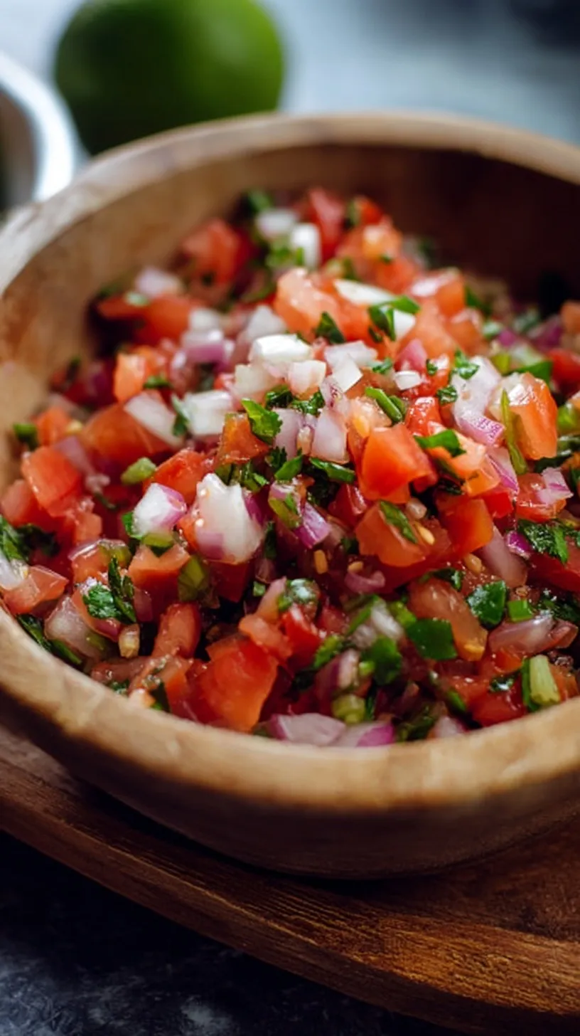 A bowl of fresh Quick Pico De Gallo with diced tomatoes, onions, and cilantro.