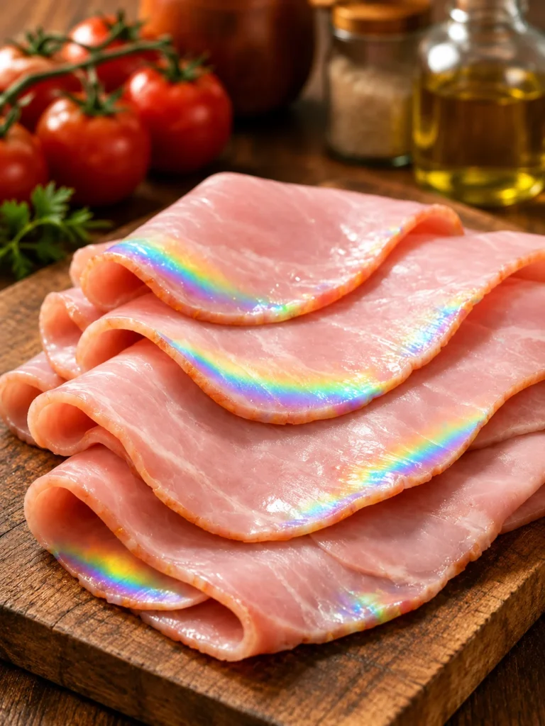 Slices of deli ham showing a rainbow-colored iridescent shine on the surface