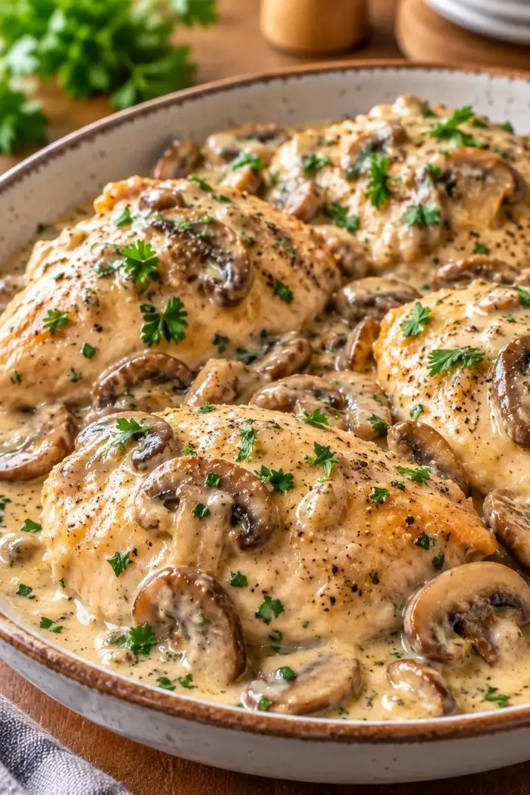 Ranch Mushroom Slow Cooker Chicken in a serving dish, garnished with herbs
