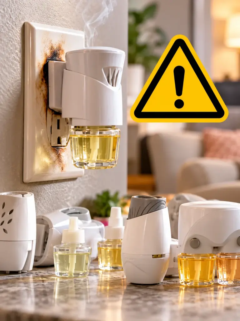 Recalled plug-in air fresheners showing overheating, electrical burn marks, and potential fire hazards in a home.