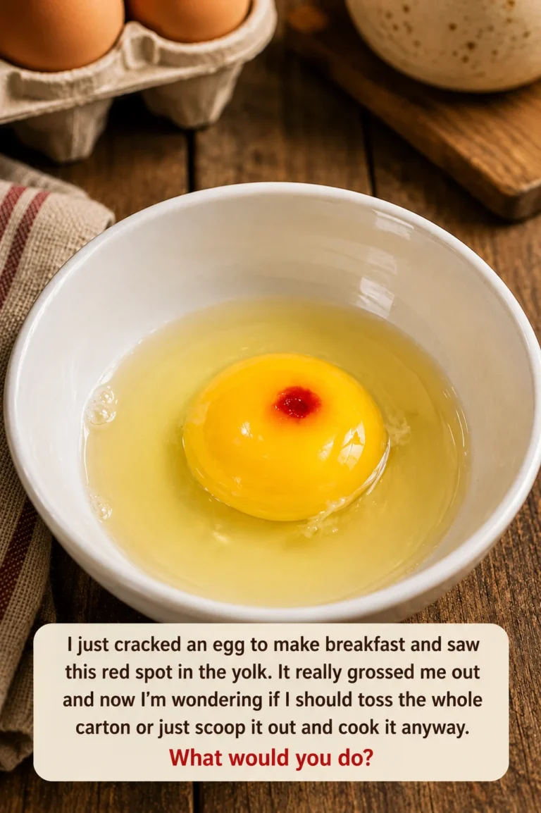 Cracked egg with a small red blood spot in the yolk