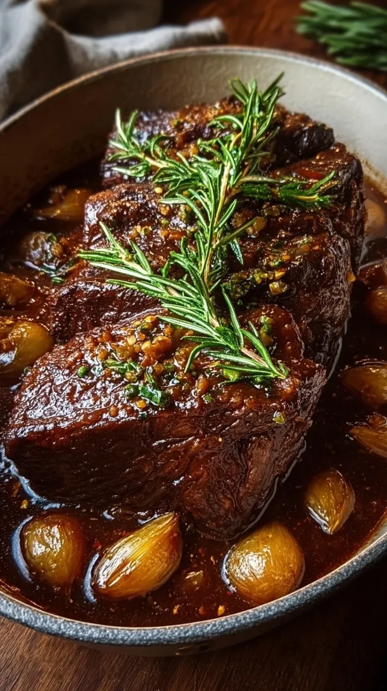A pot of tender red wine braised beef with carrots and fresh rosemary
