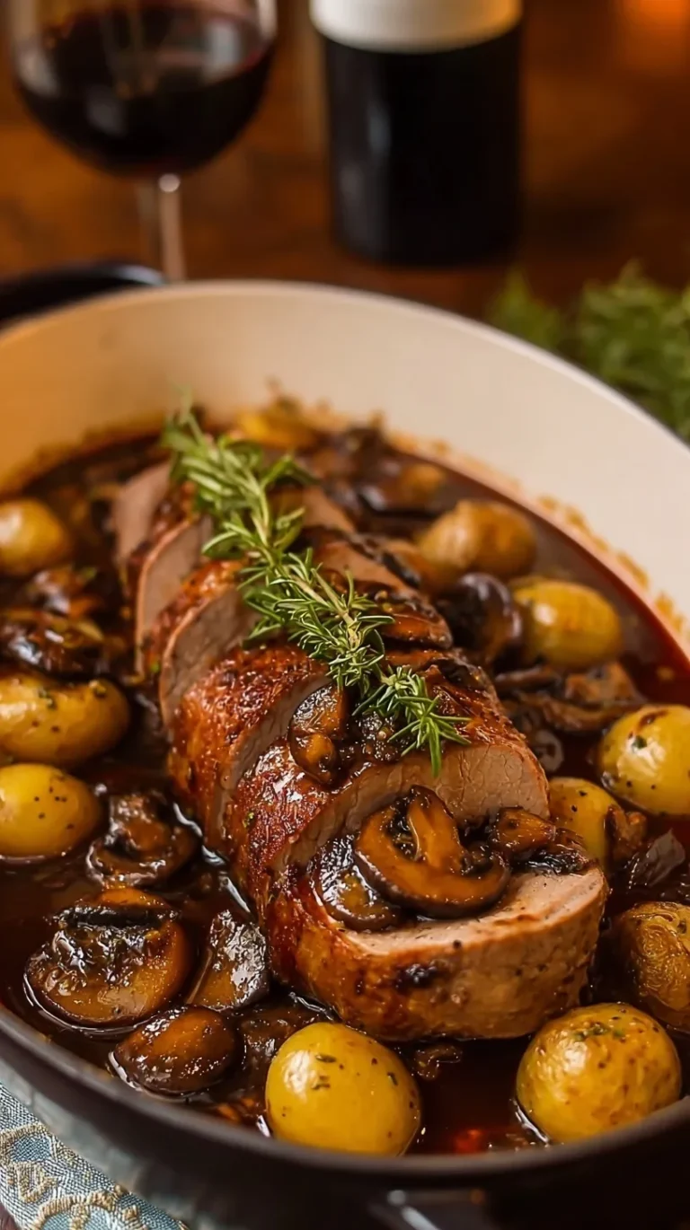 Slices of red wine braised pork tenderloin served with baby potatoes and mushrooms in a dark savory sauce.