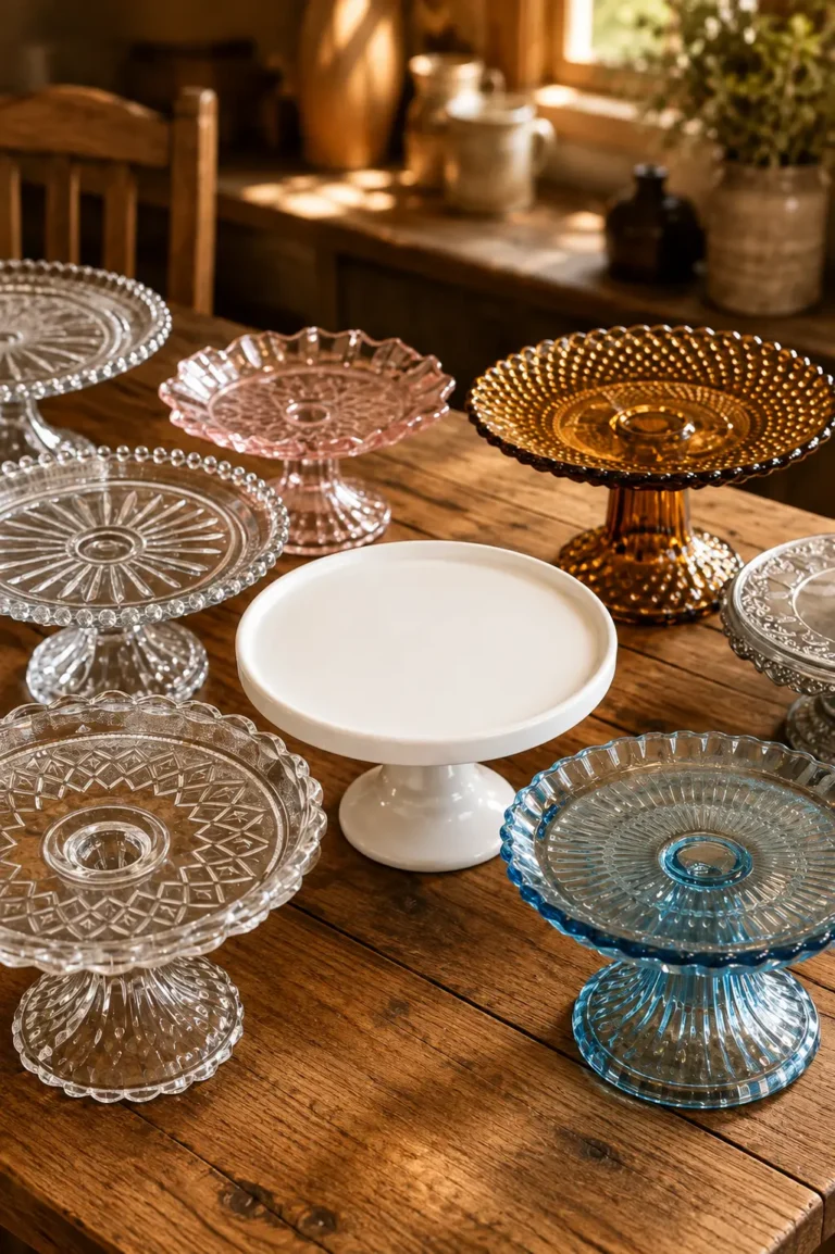 Repurposed vintage cake stands used for plants, perfume, coffee supplies, and seasonal home decor