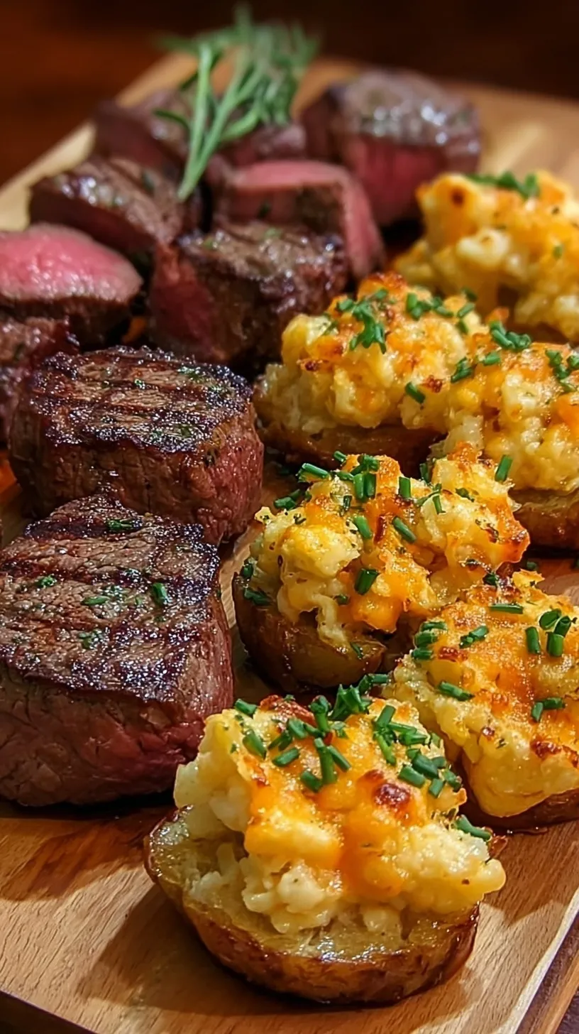 Pan-seared ribeye steak bites with crispy garlic butter smashed potatoes and melted cheese.