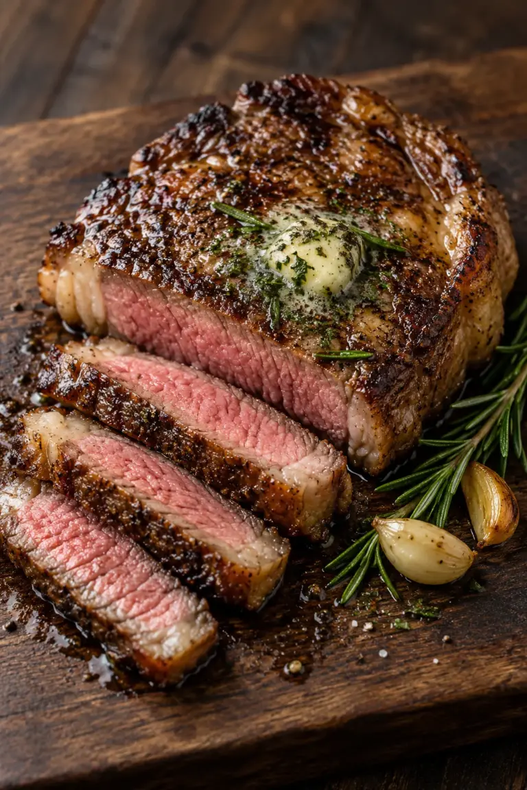 Pan-seared ribeye steak sliced on a board with garlic, rosemary and herb butter
