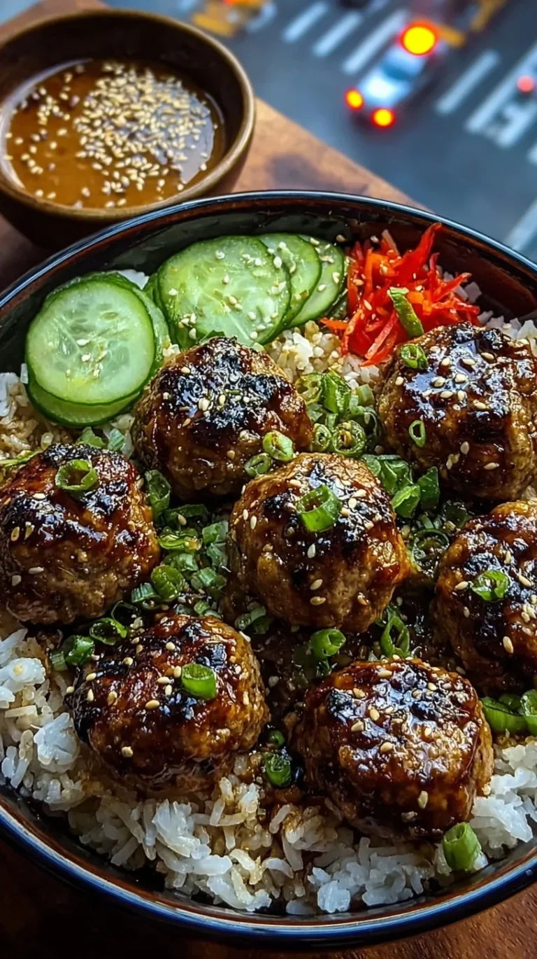 A bowl of jasmine rice topped with golden brown soy meatballs, sliced cucumbers, and a creamy sesame drizzle.