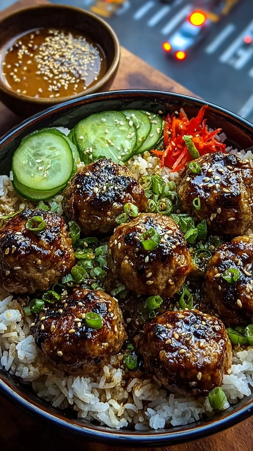 A bowl of jasmine rice topped with golden brown soy meatballs, sliced cucumbers, and a creamy sesame drizzle.