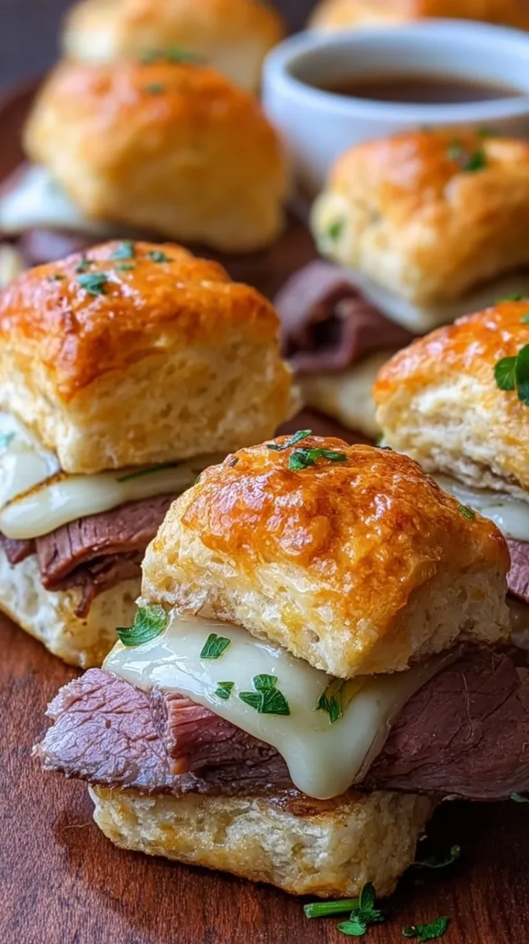 A tray of golden brown roast beef and provolone cheese biscuit sliders topped with poppy seeds.
