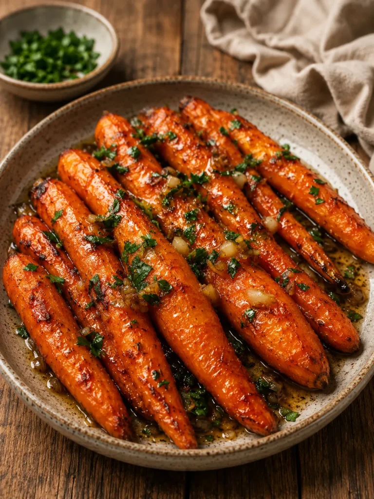 Close-up of roasted brown butter honey garlic carrots garnished with fresh parsley in a rich buttery glaze.