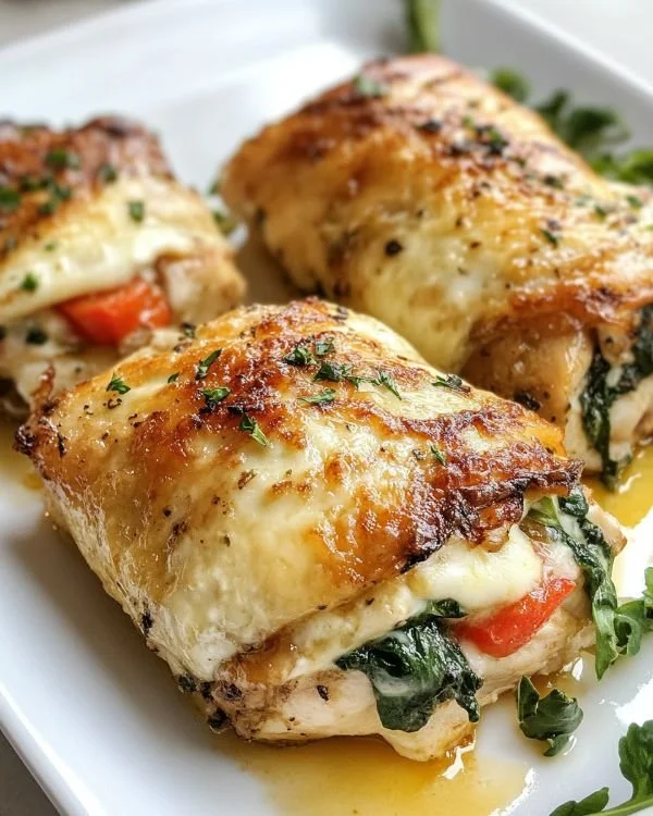Roasted chicken stuffed with roasted red peppers, spinach, and mozzarella cheese.