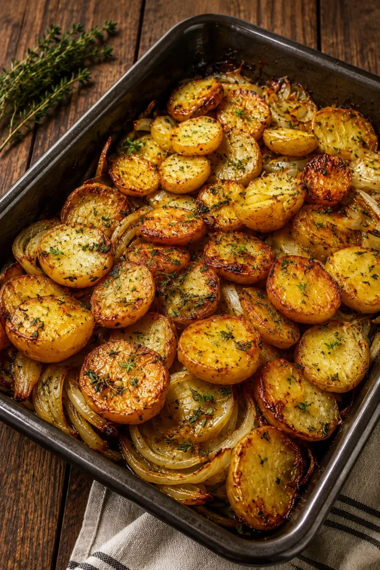 Golden roasted potatoes and caramelized onions baked until crispy in a roasting pan.