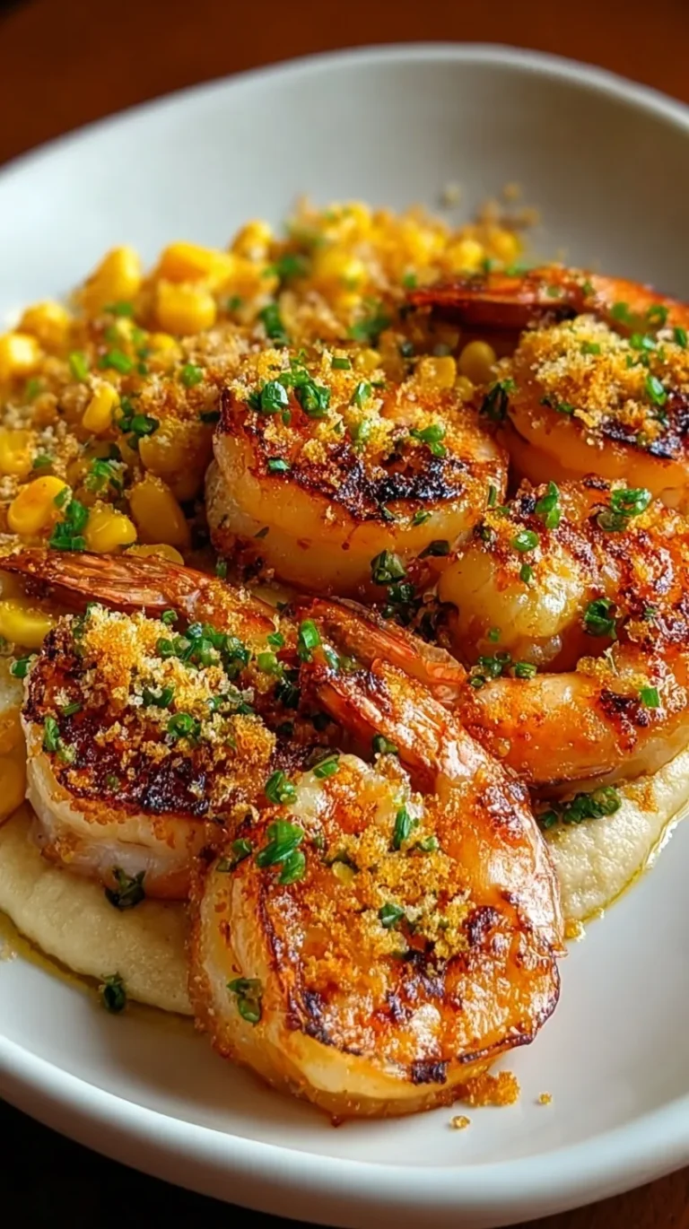 Plated roasted shrimp over creamy yellow corn puree topped with golden breadcrumbs and parsley.