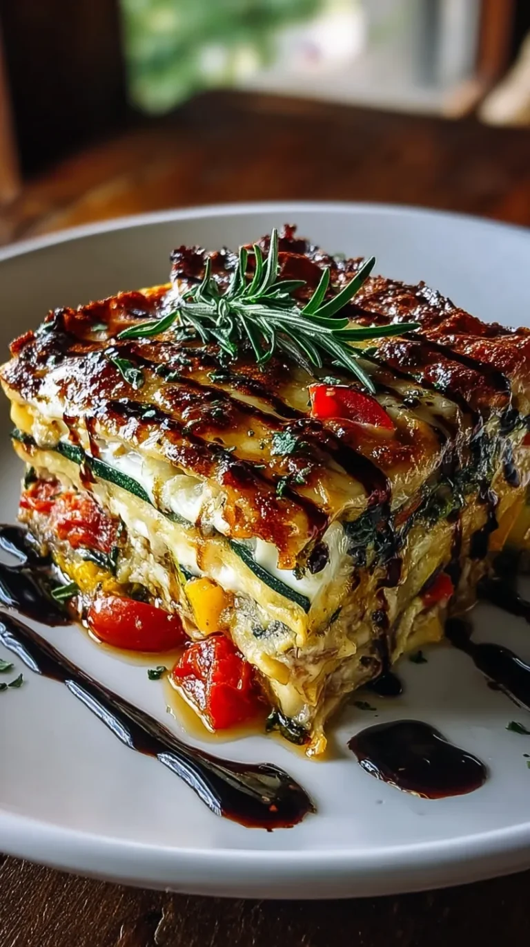 A slice of cheesy vegetable lasagna topped with a dark balsamic glaze drizzle.