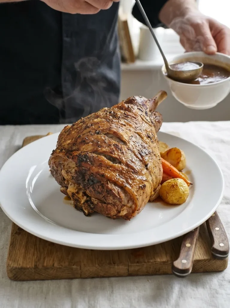 A vertical, extreme close-up of a succulent roast lamb being pulled apart with a silver fork. The meat is tender, fibrous, and glistening with rich brown pan juices. A whole roasted garlic clove and a sprig of fresh rosemary are visible on the herb-crusted surface. The lighting is warm and cinematic, highlighting the moisture of the meat.