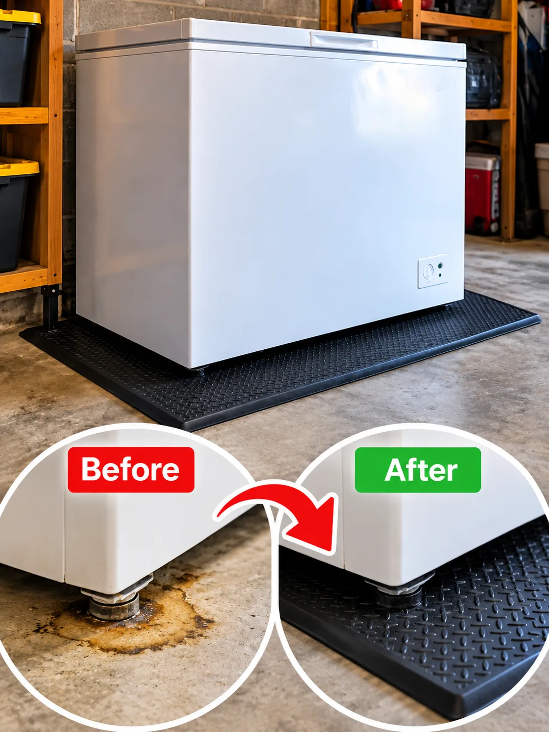 White chest freezer on a black rubber mat over a concrete garage floor, with before-and-after views showing floor stains and protection.