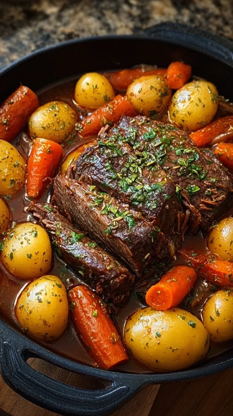 A rustic Dutch oven filled with tender beef pot roast, baby potatoes, and carrots in a rich brown gravy.