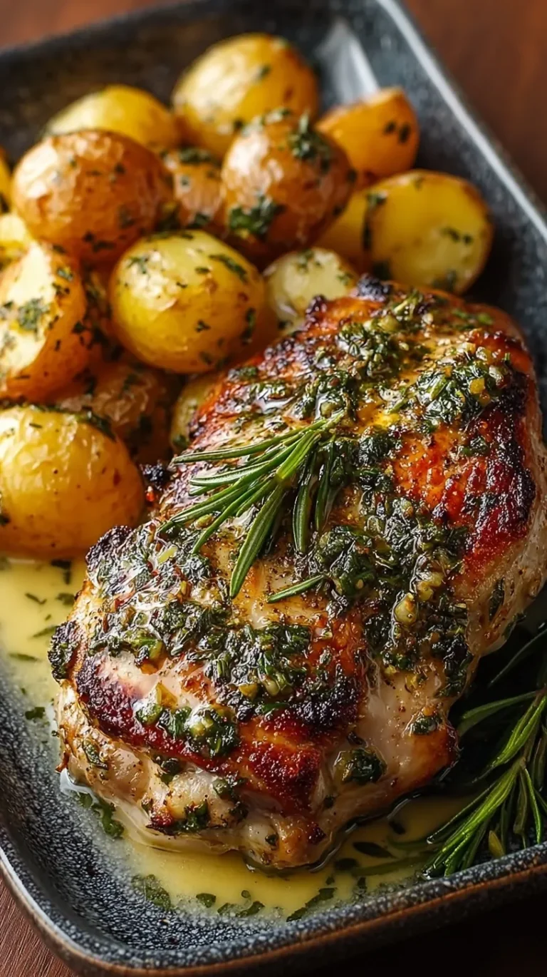A roasting pan filled with Garlic Herb Chicken thighs, roasted baby potatoes, and lemon slices.