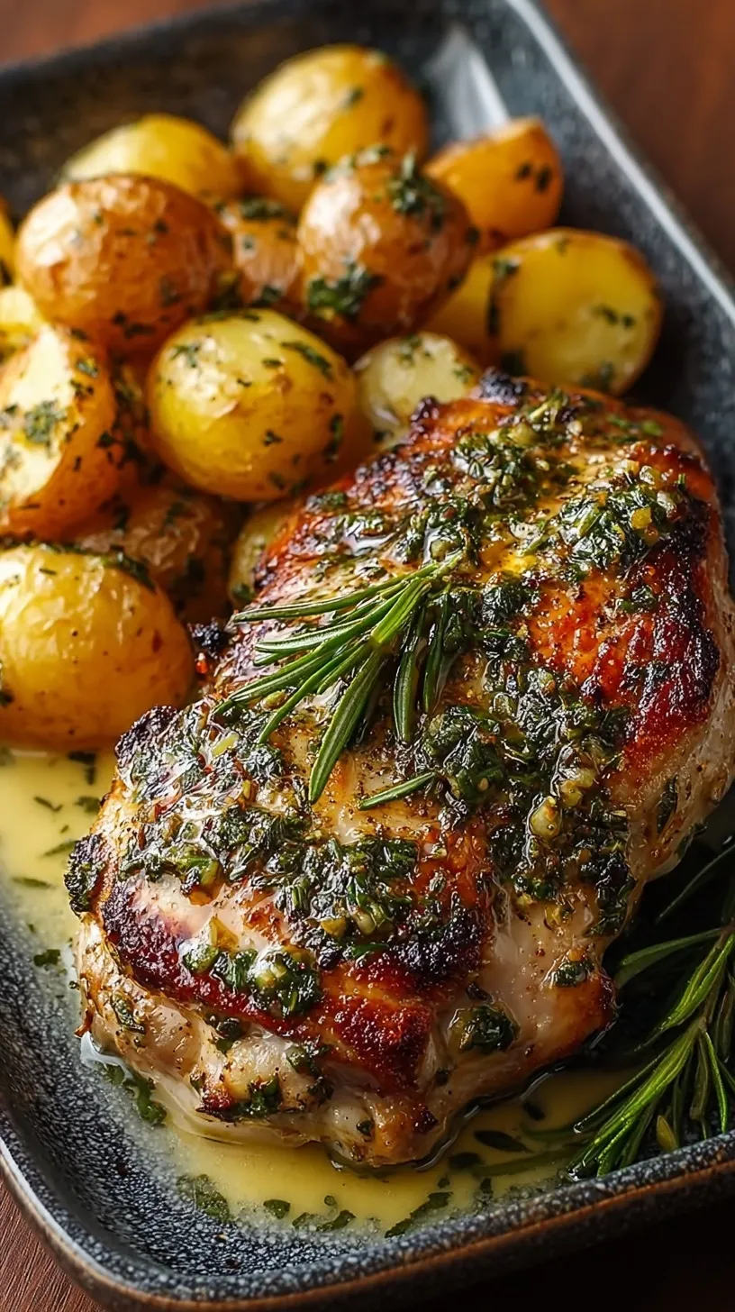 A roasting pan filled with Garlic Herb Chicken thighs, roasted baby potatoes, and lemon slices.
