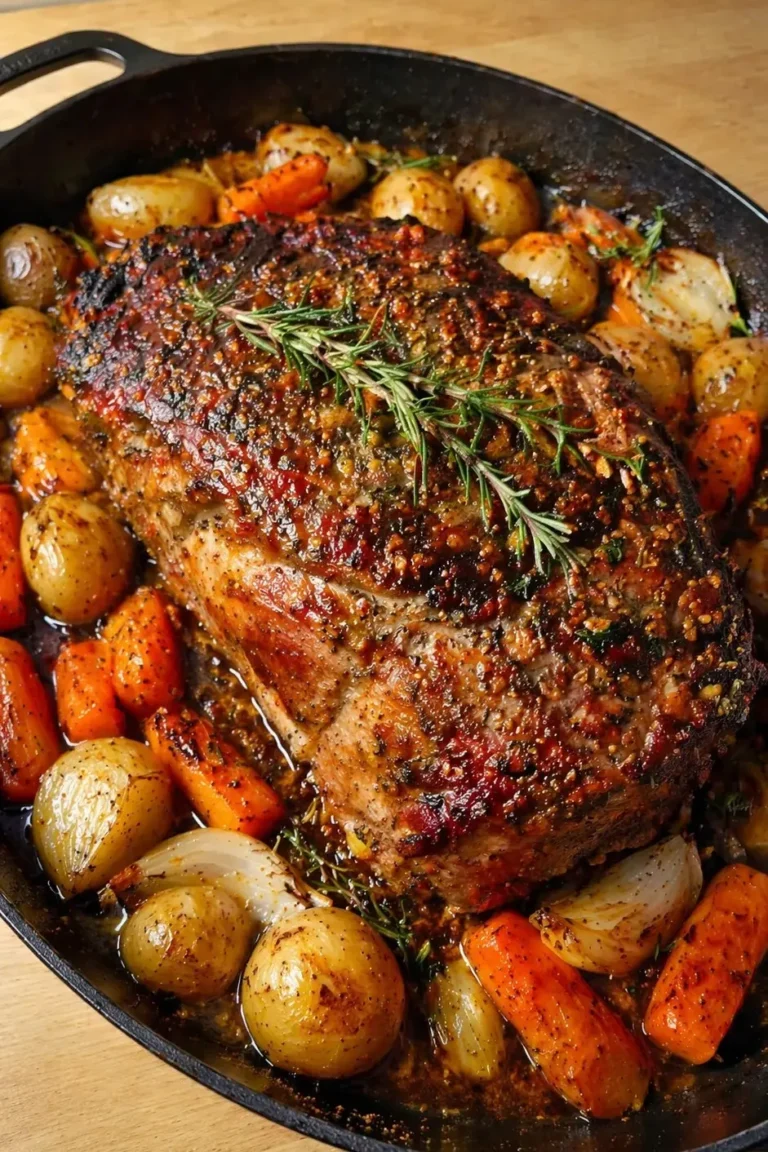 A vertical, high-angle close-up of a large, roasted lamb shoulder in a black cast-iron skillet. The lamb features a thick, dark golden-brown honey-mustard crust and is topped with a fresh sprig of rosemary. It is surrounded by roasted whole baby potatoes, thick carrot chunks, and charred onion wedges, all glistening in savory pan juices.