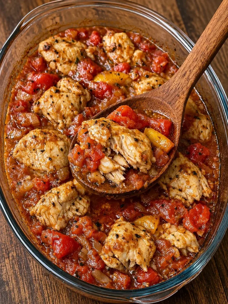 Rustic Tomato Basil Chicken Bake dish on a dinner table with fresh herbs