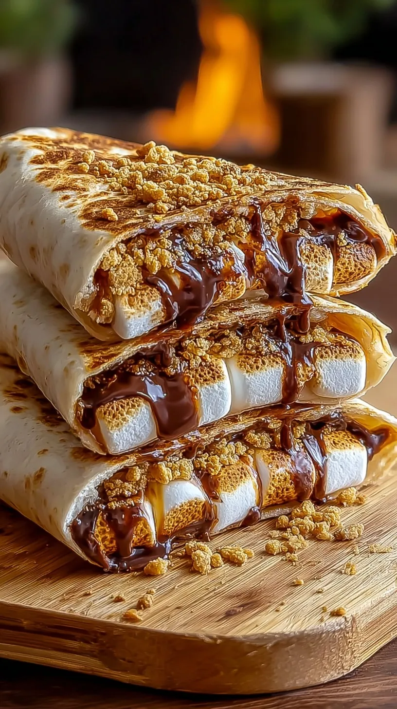 A golden brown toasted flour tortilla folded into a hexagon shape with melted chocolate and marshmallows inside.