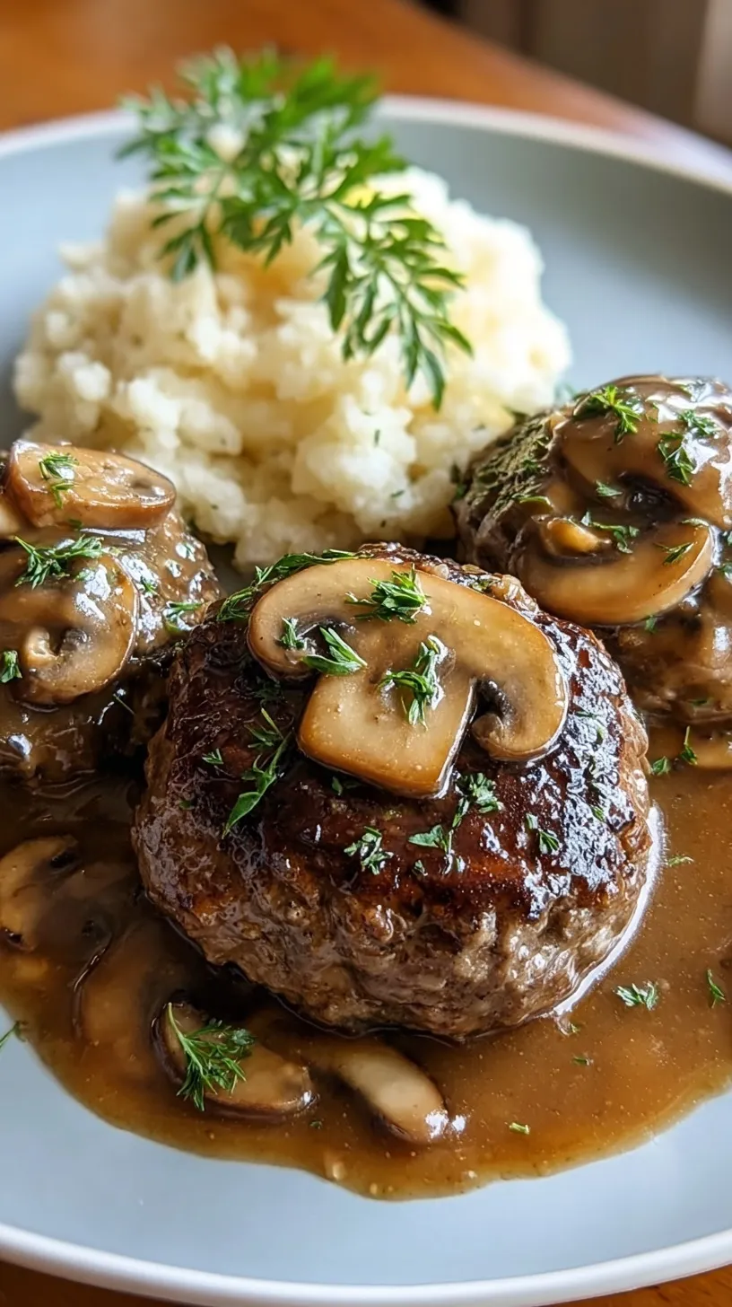 Juicy Salisbury steak patties smothered in thick brown mushroom and onion gravy in a skillet.