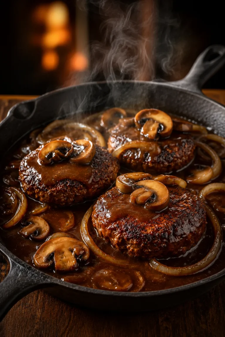 Salisbury steak patties with mushroom onion gravy in a cast iron skillet