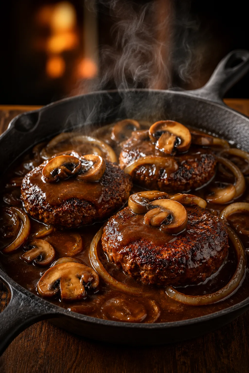 Salisbury steak patties with mushroom onion gravy in a cast iron skillet
