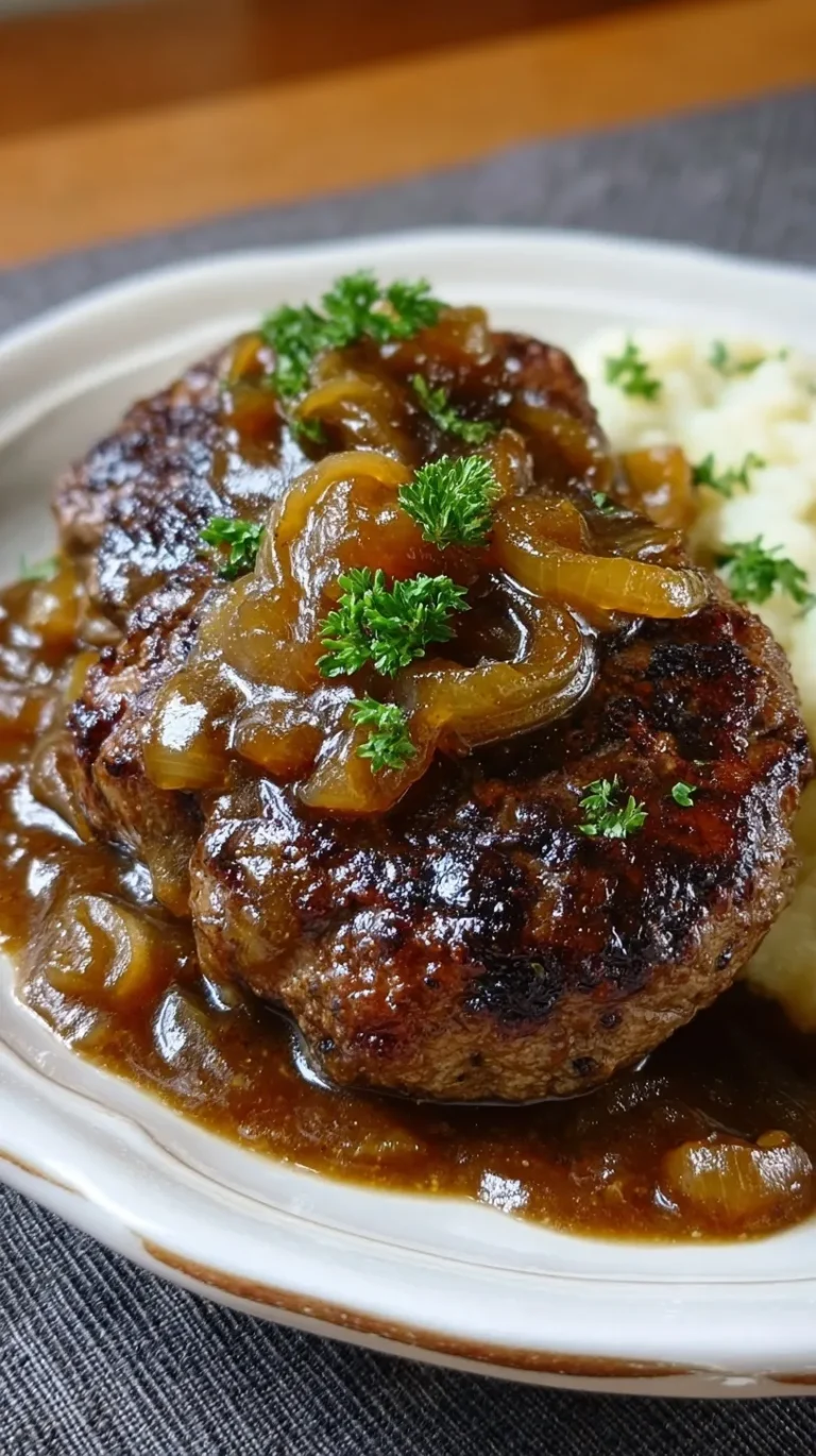 Golden brown Salisbury steak patties smothered in a thick onion gravy in a skillet.