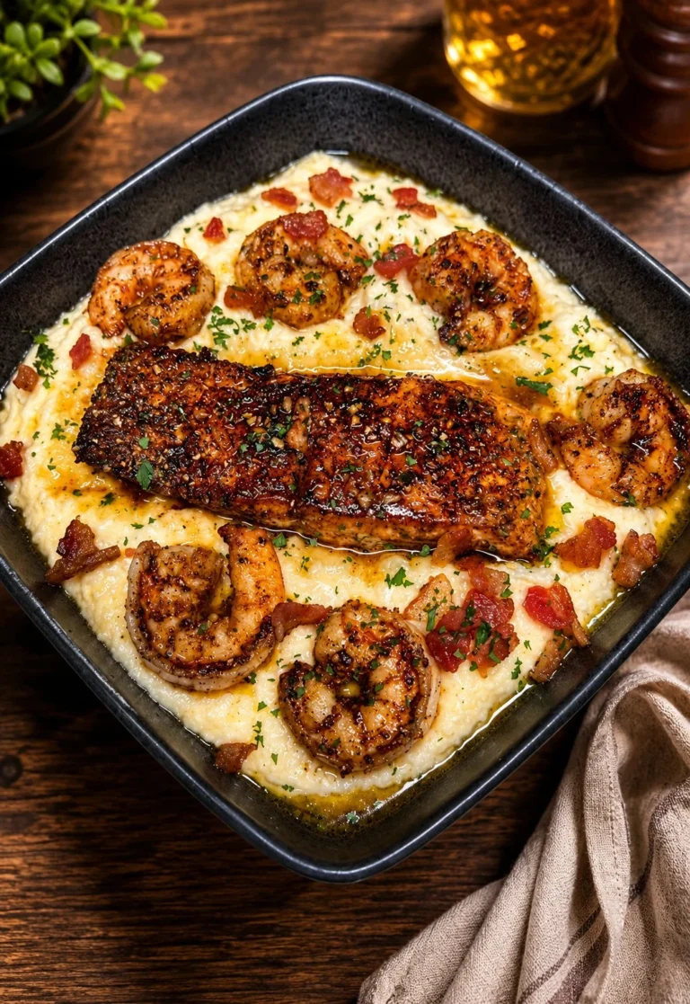 Bowl of Salmon, Shrimp, and Bacon Honey Butter Grits garnished with herbs