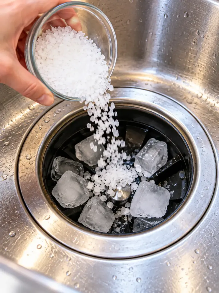 Putting coarse salt and ice in a garbage disposal