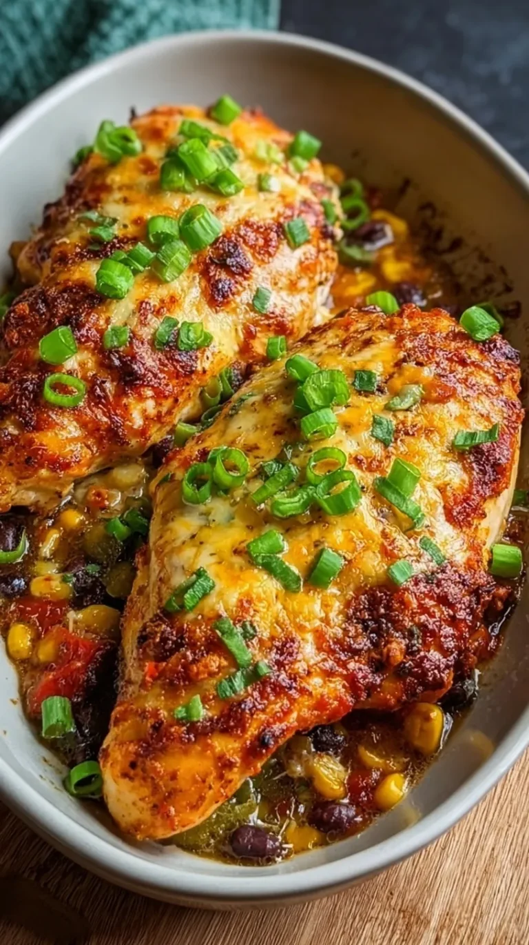 Cheesy Santa Fe Baked Chicken in a baking dish with black beans, corn, and fresh cilantro.