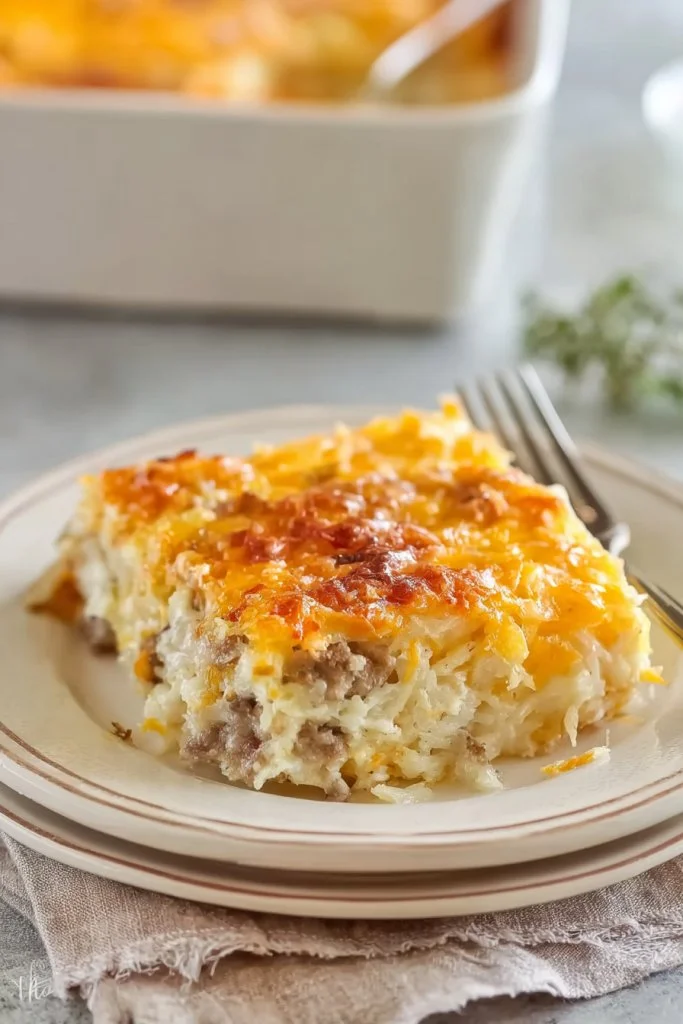 Sausage and cream cheese hash brown breakfast dish served on a plate
