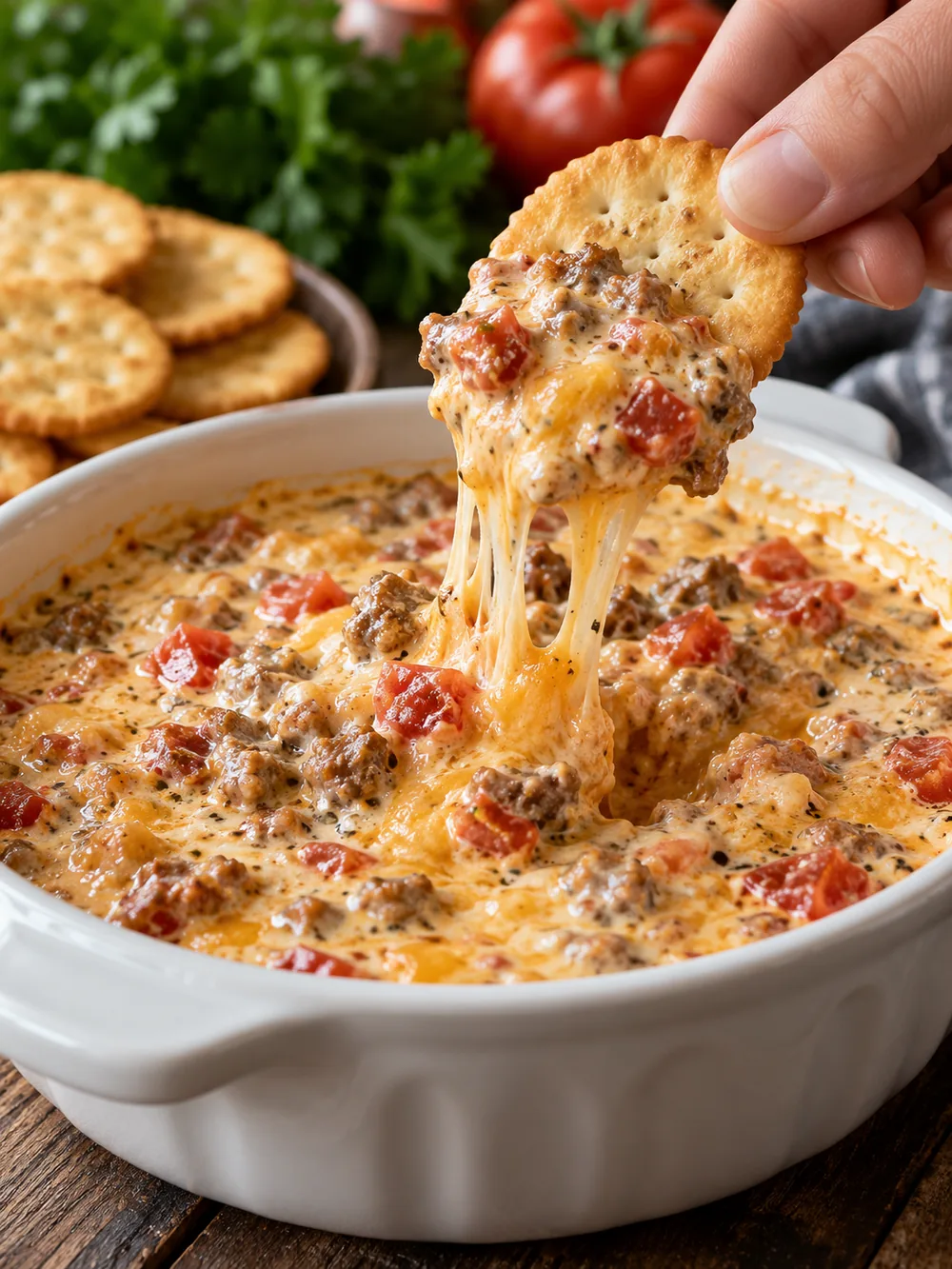 Warm four-ingredient sausage Beaumont dip with a cracker scooping creamy cheese