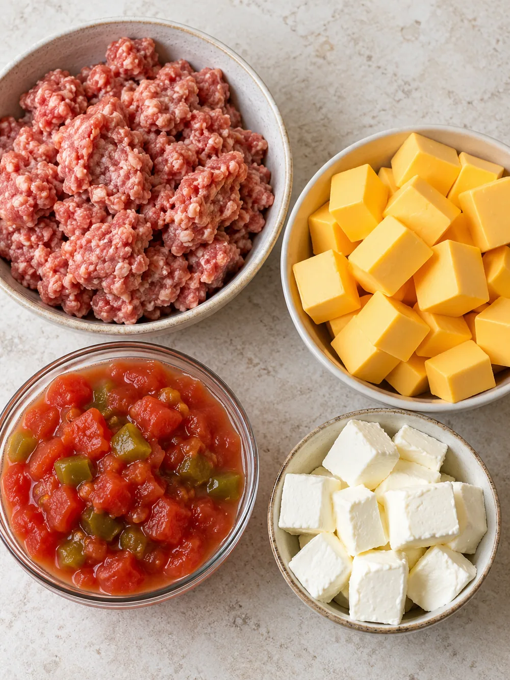 Four ingredients for sausage dip arranged on a light kitchen counter
