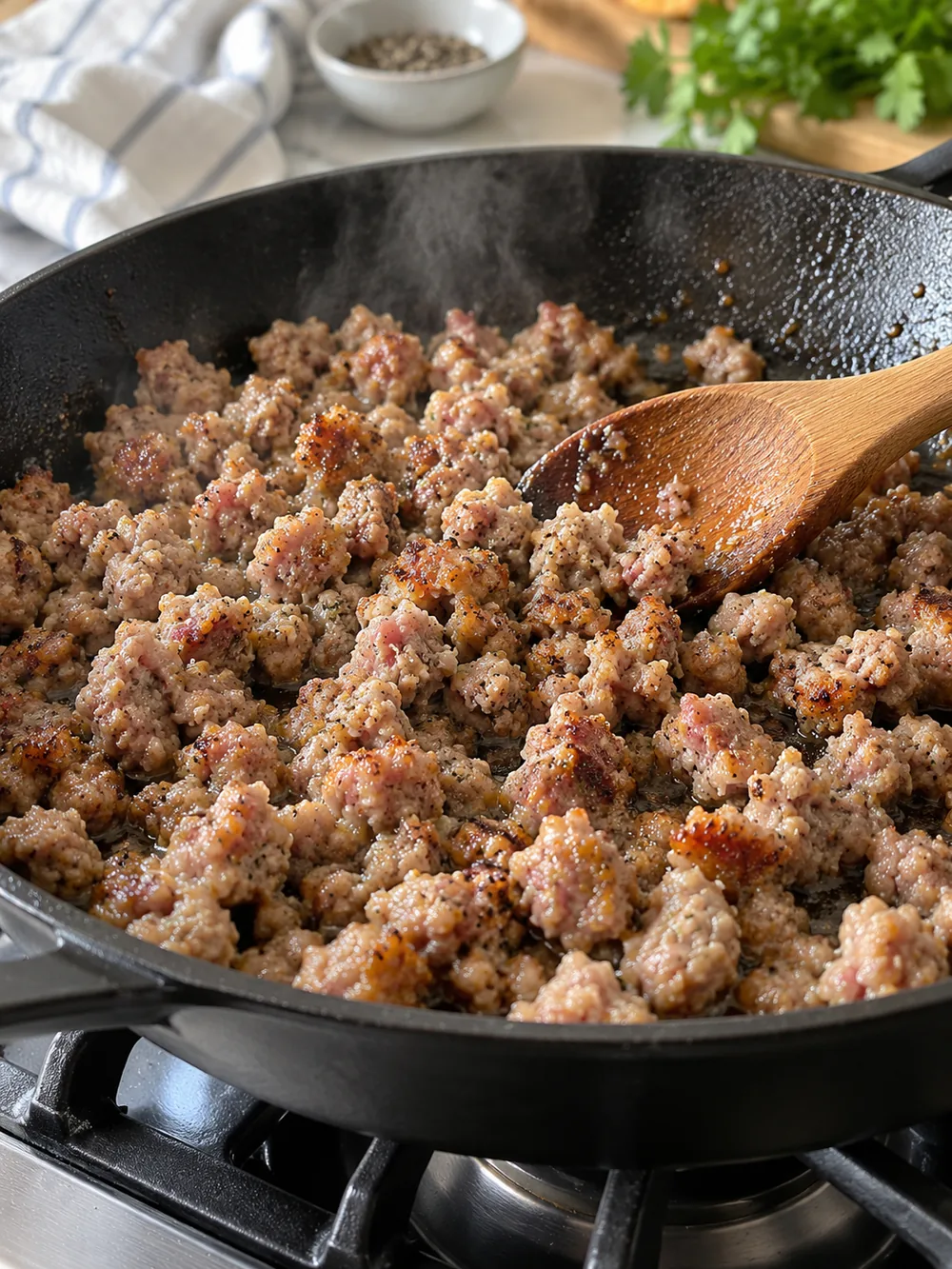 Pork sausage browning in a skillet for slow cooker dip