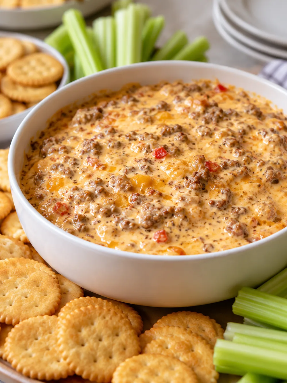 Finished sausage Beaumont dip served with crackers and celery