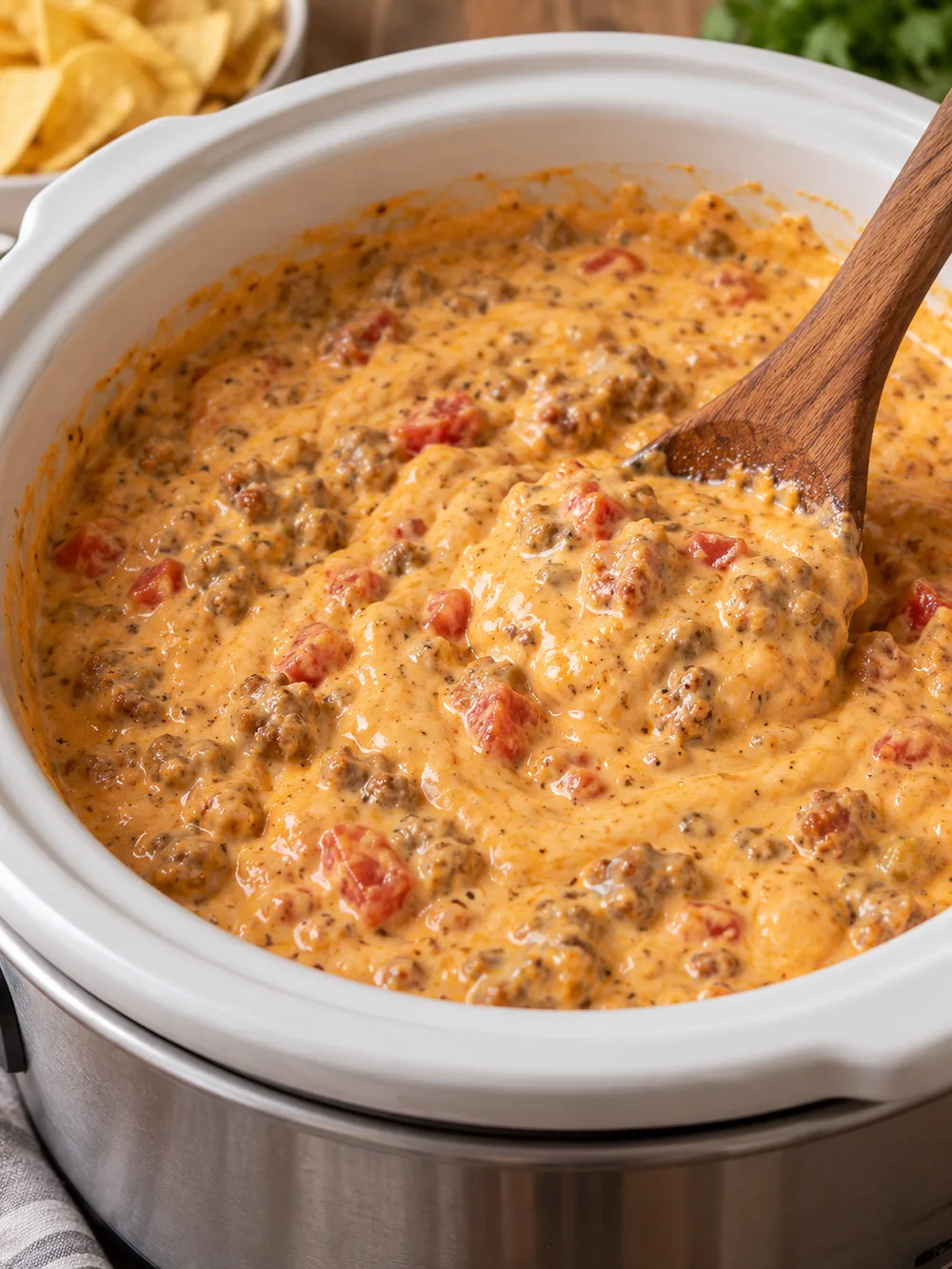 Melted sausage cheese dip being stirred in a slow cooker